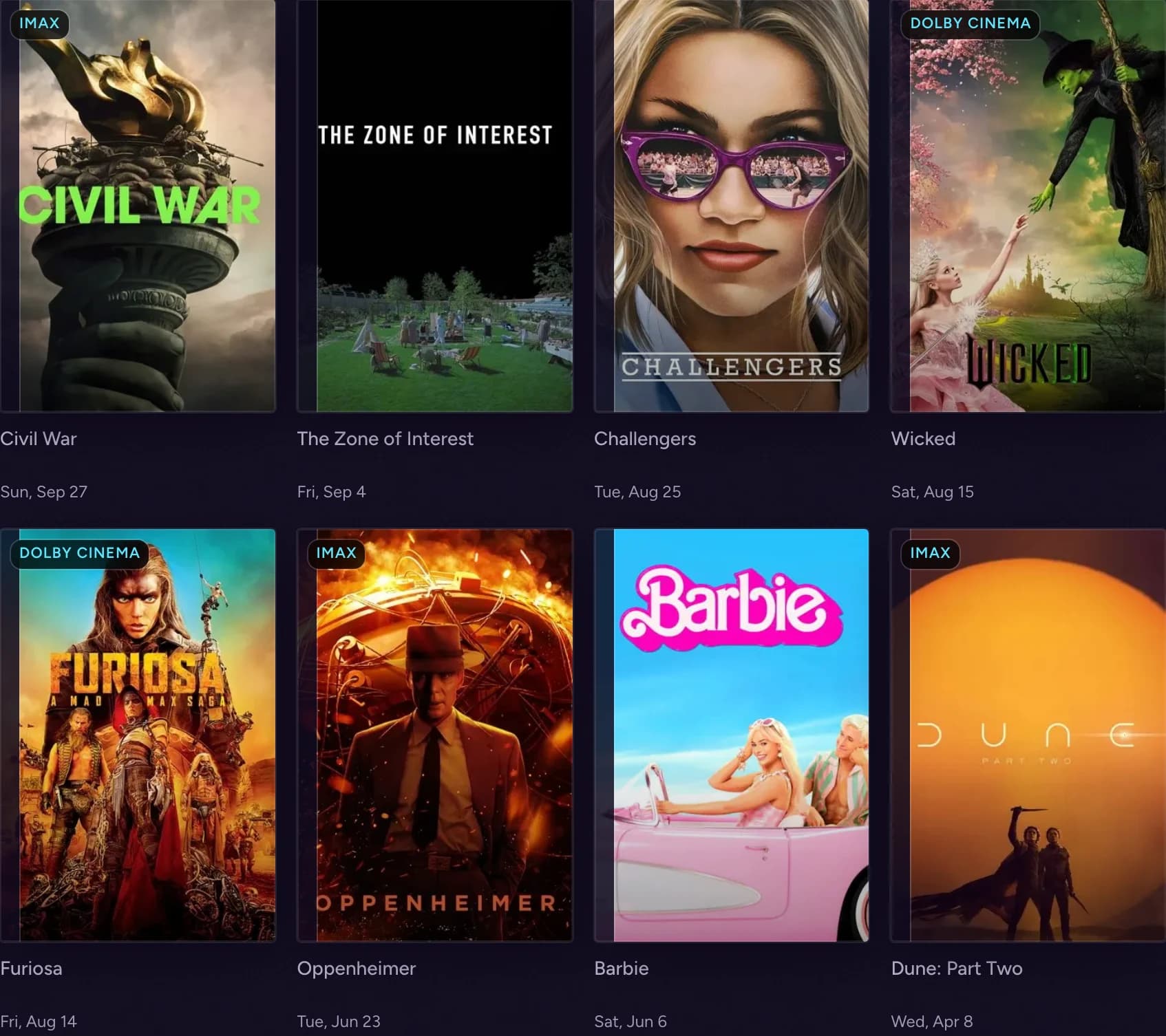 Movie posters in cinemoo: Civil War, The Zone of Interest, Challengers, Wicked, Furiosa, Oppenheimer, Barbie, and Dune: Part Two